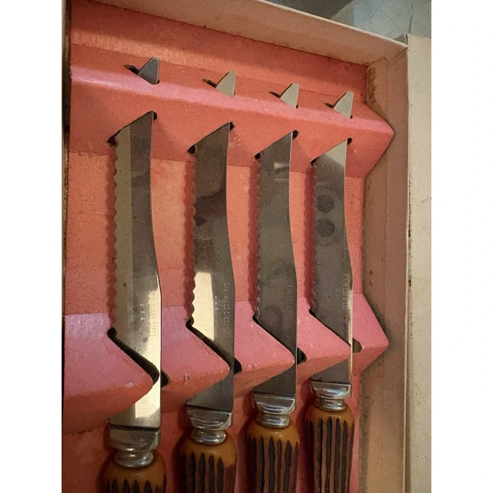 VTG Elegant Cutlery 4 Pc Serrated Steak Knife Set Faux Stag Handles Box USA